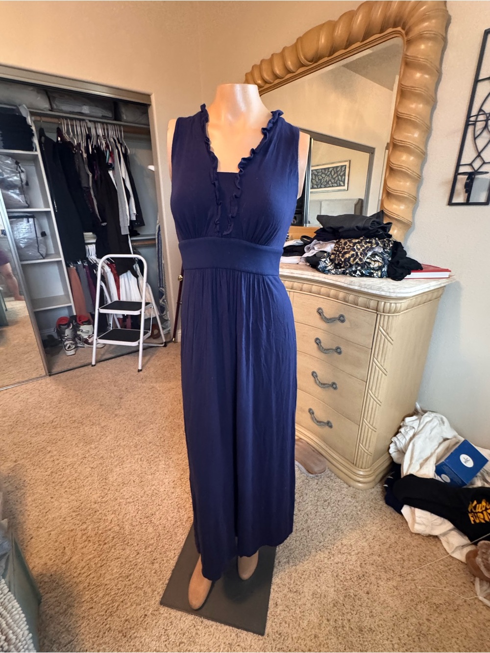 London Times Navy Ruffle-Trim Maxi Dress